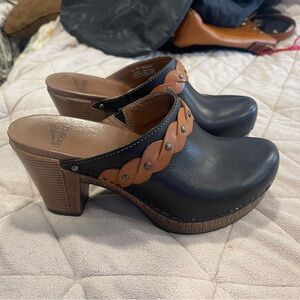 Dansko Black and Brown Mules with Chunky Heel
